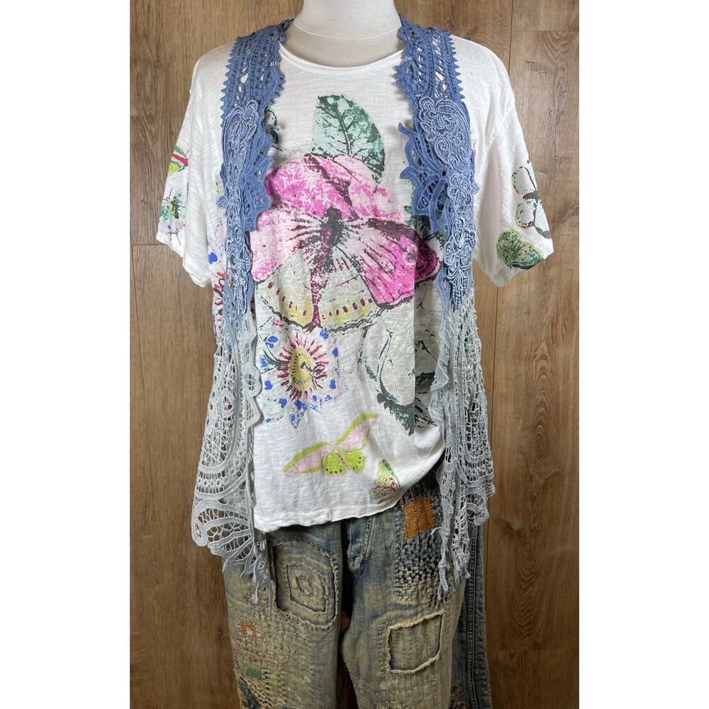 Artist Made Boho Chic Romantic Whimsical Hand Dyed Ombre' Shades Of Blues Vest